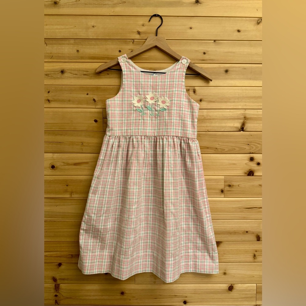 Vintage Kelly’s Kids Size 8 Teal Pink Plaid Flower Applique Tank Dress Spring